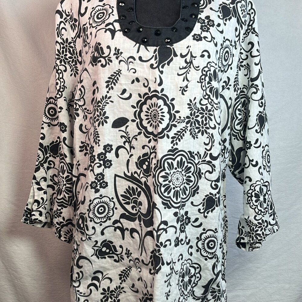 Lucy & Lauren V-Neck Embellished 100% Linen Batik Tunic 1X Lagenlook Quiet Luxur